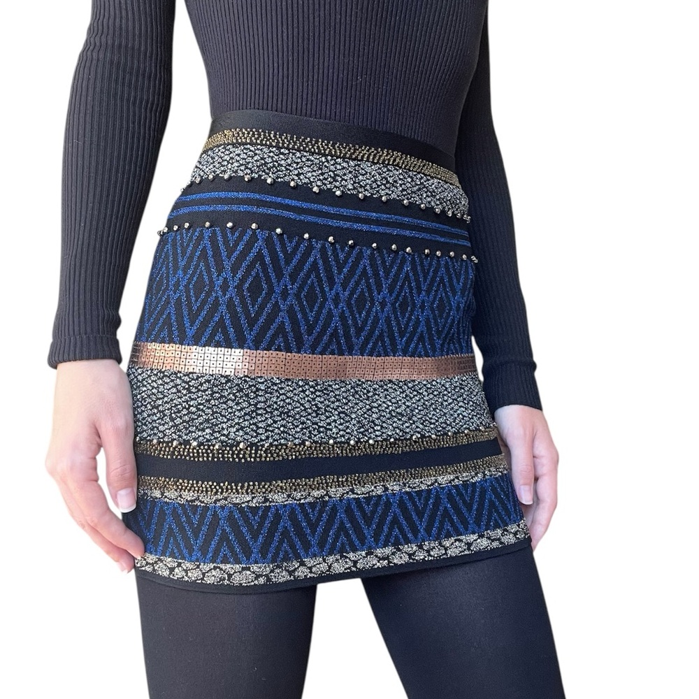 Marciano Women’s Bandage Y2K Black, Gold, Silver and Blue Mini Skirt- Size XS